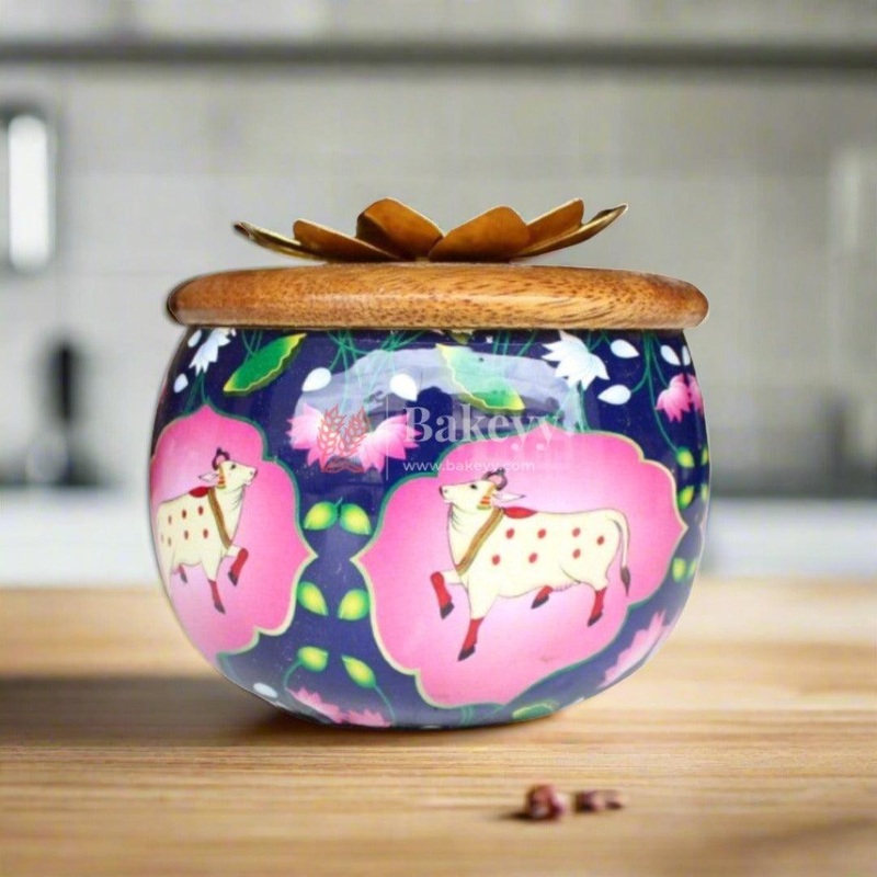4 Inches | Navy Blue Handcrafted Decorative Jar with Floral Wooden Lid| 1 Piece