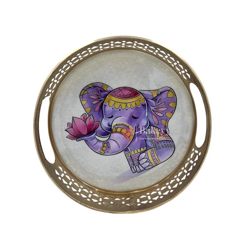 6 inch Elegant Golden Tray with Elephant Design | For Return Gifts | Round Metal Tray Home Decor Items |Decorative Tray
