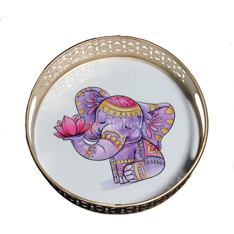 8 inch Elegant Golden Tray with Elephant Design | For Return Gifts | Round Metal Tray Home Decor Items |Decorative Tray