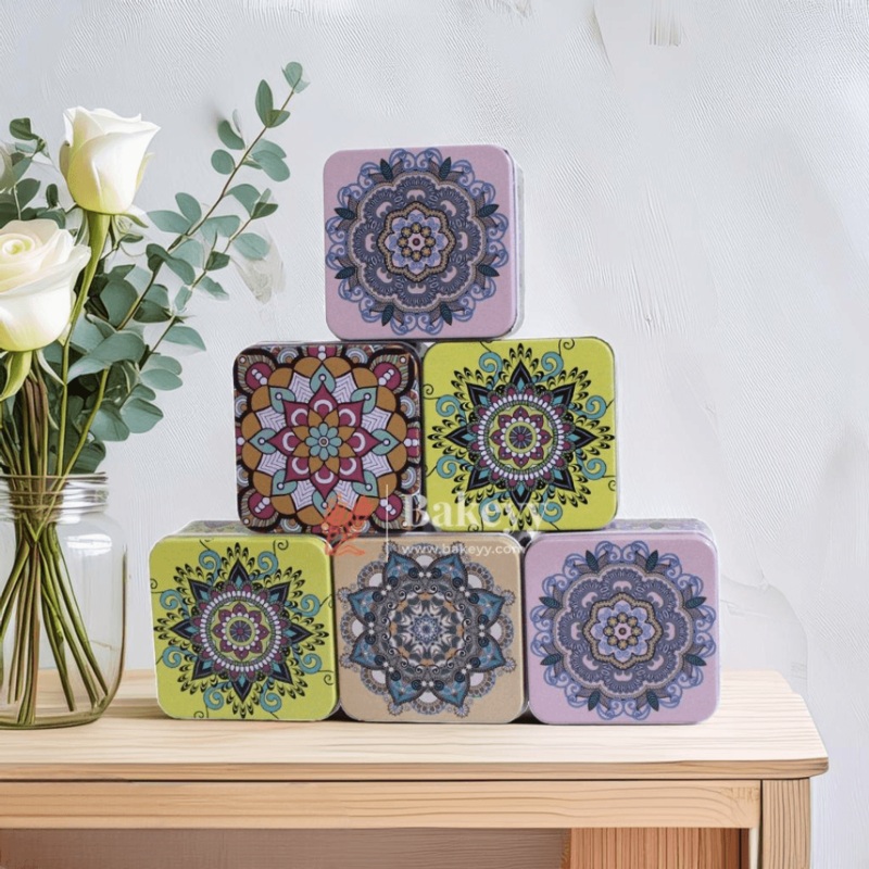 8x8x5cm| Mandala Print Square Tin | Square Shaped Decorative Boxes | Different Designs| Candle Tin Box | Pack Of 6