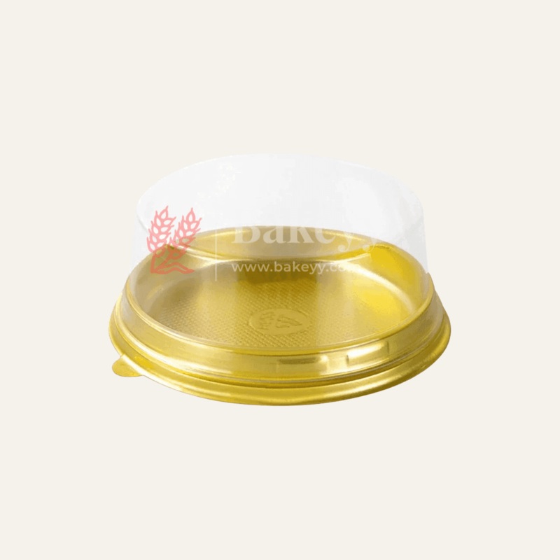 Bento Cake Container | Pack of 100 | Round Golden Plastic Cake Container with Clear Dome Lid | Individual Pastry Container