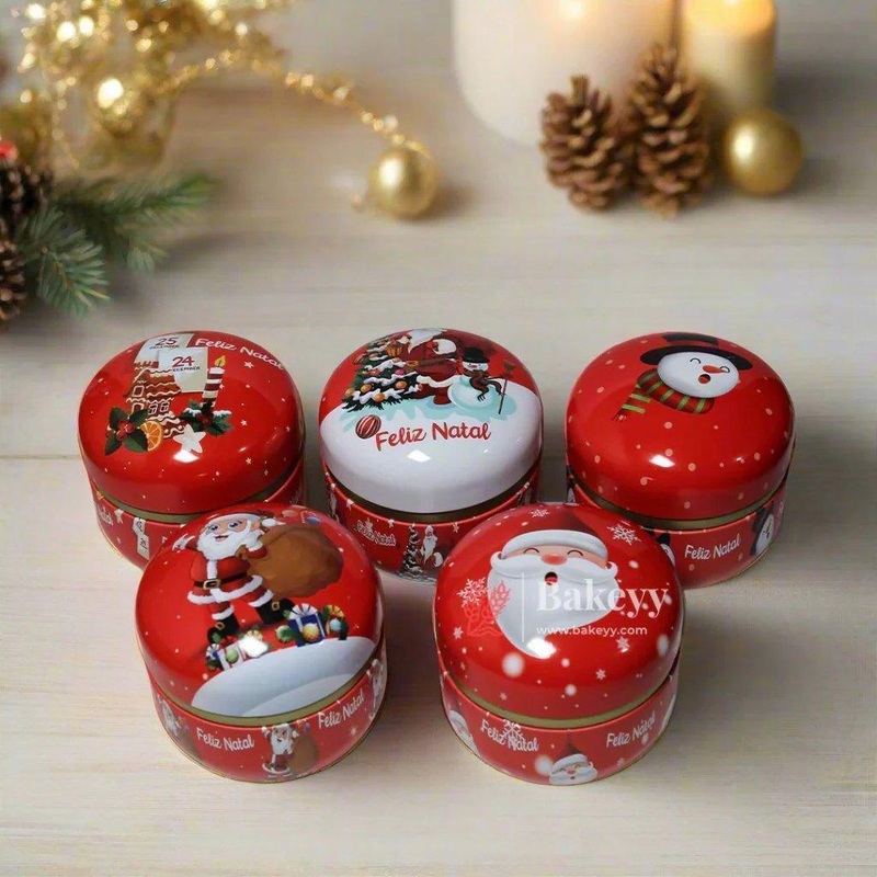 Christmas Design Round Tin Box | Candle Tin Box  |Rounded Edges|  Mix Design | Empty Decorative Tin Box | Pack of 4