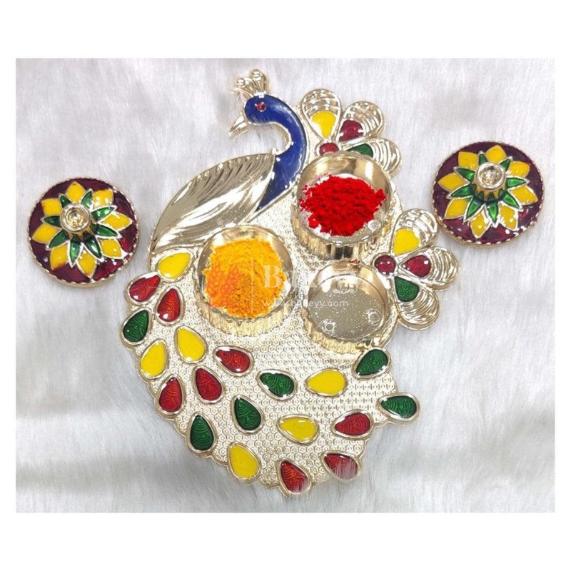 Plastic Kumkum Holder Peacock Stone Decorated 2-in-1 Haldi/Kumkum Holder- 2