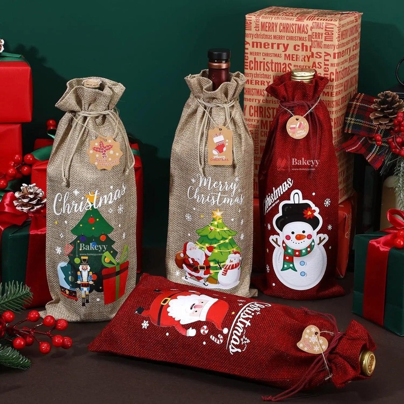 WINE Bottle Jute Bag Christmas Design | PACK OF 10 | Potli Bag | Gift Bag