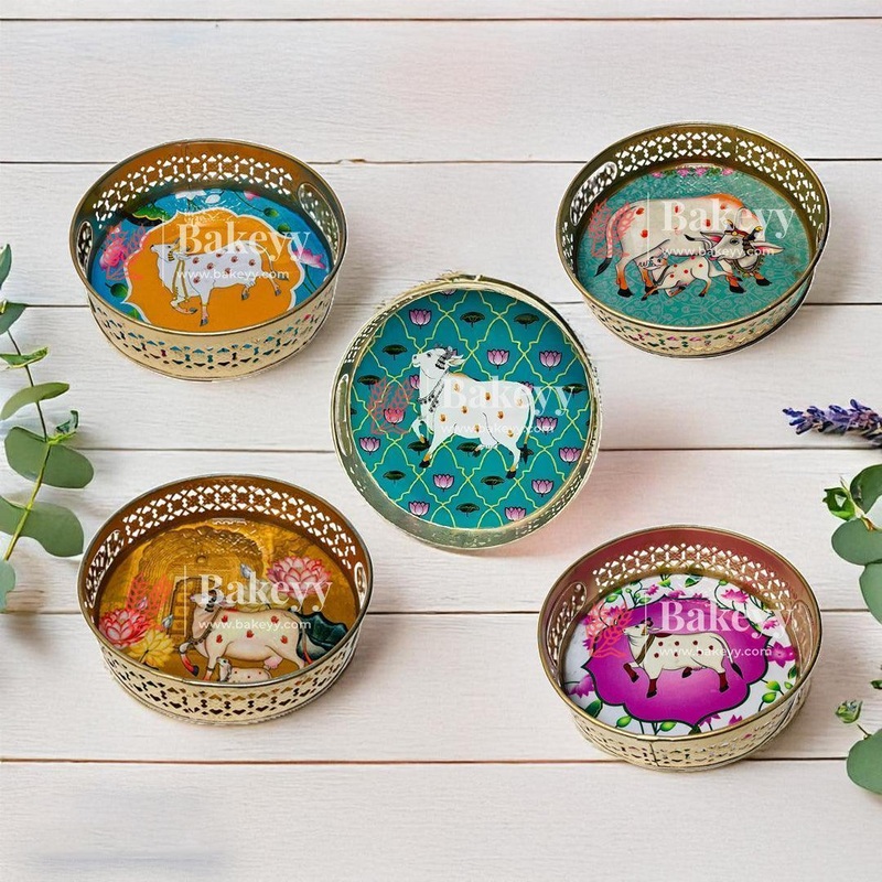 10 inch | Pichwai Tray for Return Gifts | Round Metal Tray Home Decor Items | Decorative Tray | Multicolour