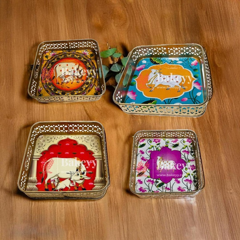 10 inch | Pichwai Tray for Return Gifts |Square Metal Tray Home Decor Items | Decorative Tray | (Multicolour)