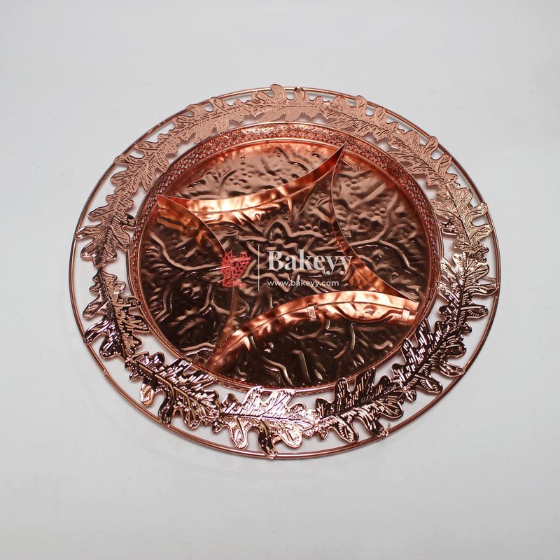 11.5 inch |Luxurious Round Rose Gold-Plated Serving Tray with Intricate Design | Metal Dry Fruit Tray
