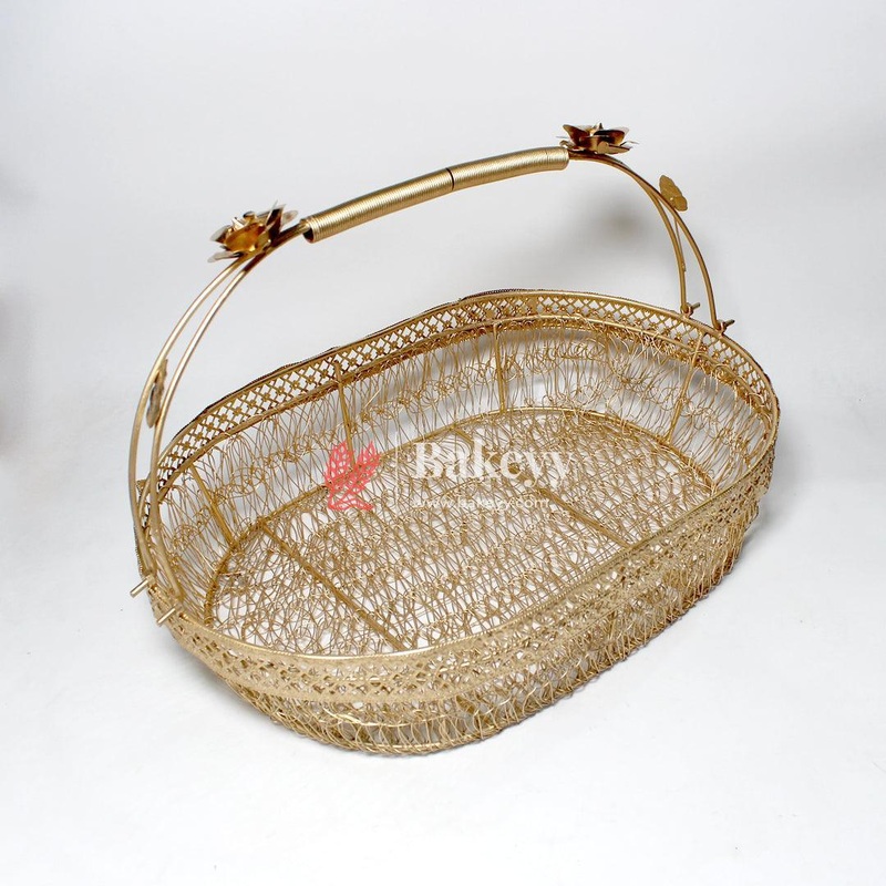 12 Inch Decorative Gold Metal Hamper Basket For Gifting Oval with Handle