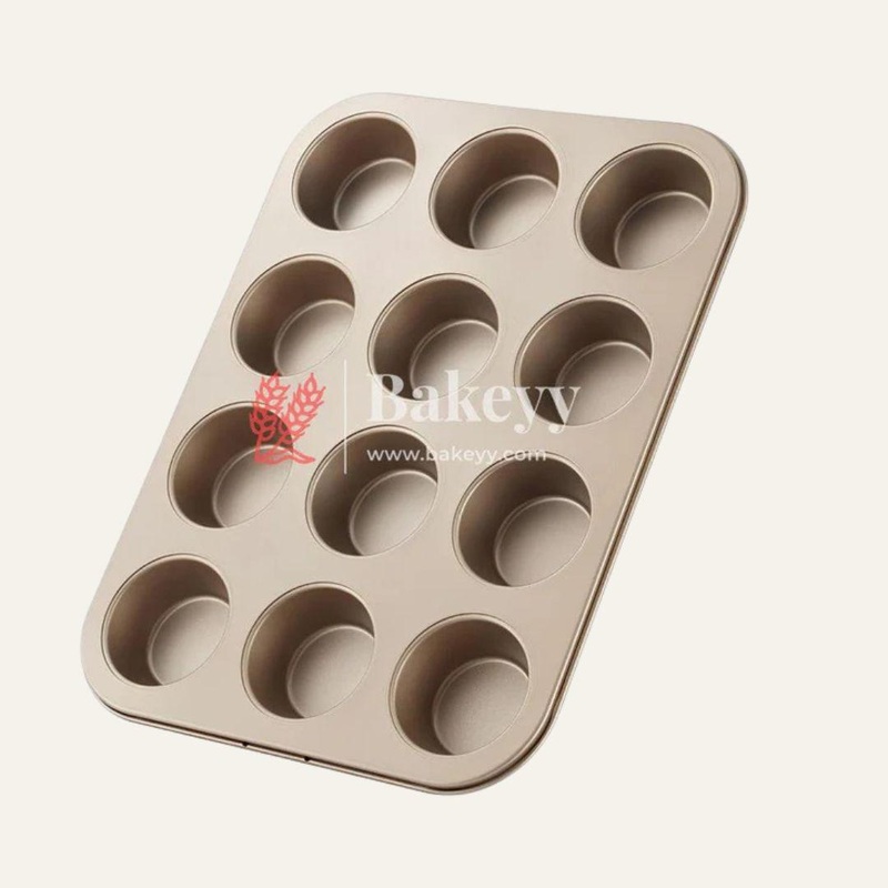 12 Slot Tray Cup Muffin Pan Tins Mould | Baking Cupcake | Non-Stick Mould | Reusable Tray Pan Mould | Non-Stick| Chrome Gold, Black Colour