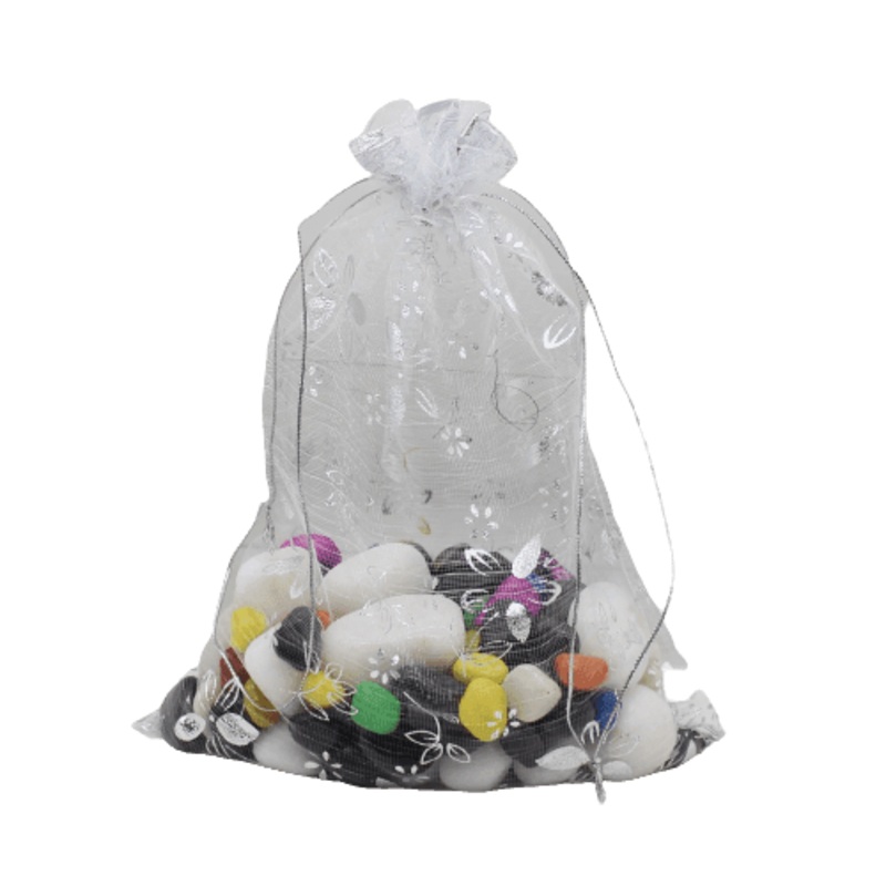 13x18 CM | Printed Organza Potli Bags | Pack of 70 | White Colour | Candy Bag