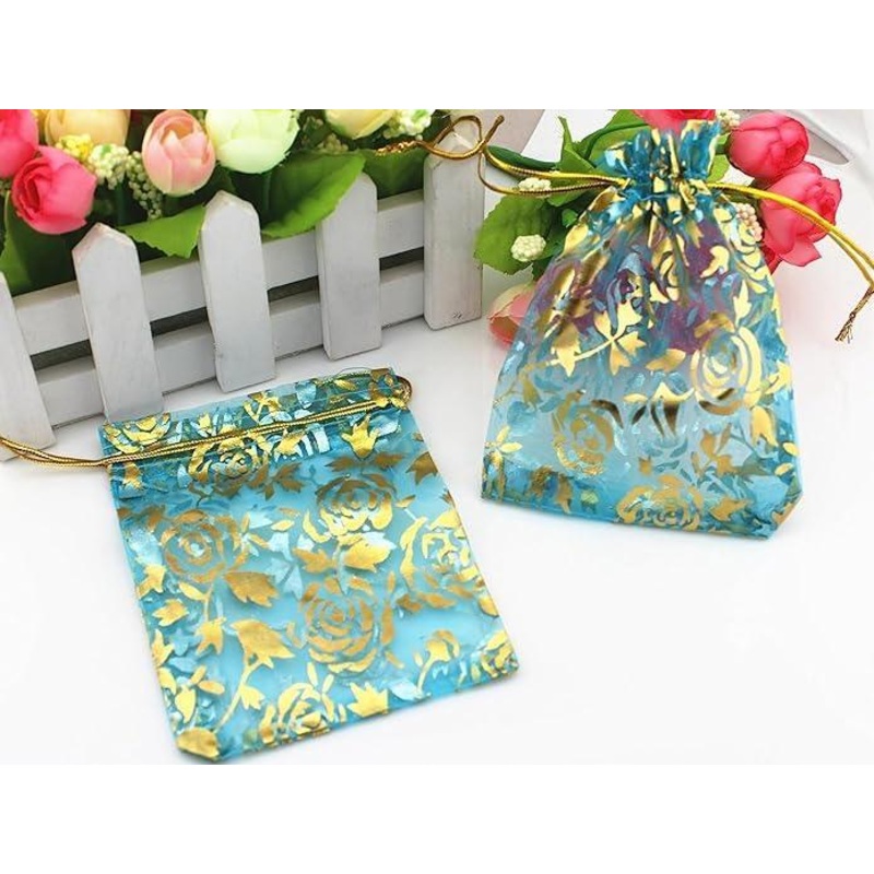 16x20 CM | Printed Organza Potli Bags | Pack of 40 | Sky Blue Colour | Candy Bag