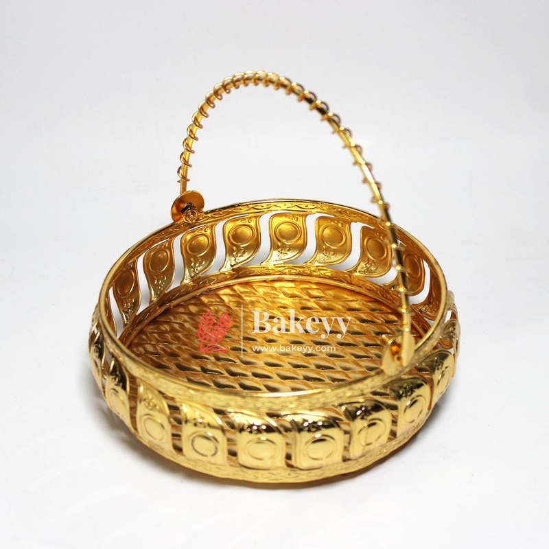 6 inch Gold Metal Basket With Handle | Premium Serving & Gifting Accessory |  Gift Baskets For Dry Fruits ,Gift Hampers, Return Gift for wedding, Anniversary, Birthday, house warming