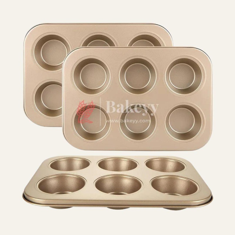 6 Slot Tray Cup Muffin Pan Tins Mould | Baking Cupcake | Non-Stick Mould | Reusable Tray Pan Mould | Non-Stick (Chrome Gold)