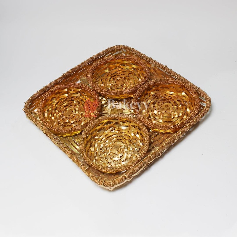 Luxury Gold-Plated Square Dry Fruit Tray with 4 Serving Bowls