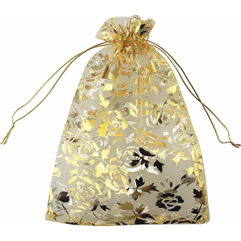 10x14 cm | Printed Organza Potli Bags | Pack of 70 | Gold Colour | Candy Bag |