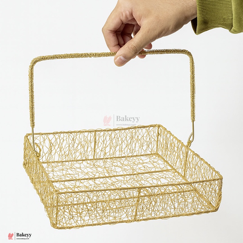 25cm | Square Shape Round Decorative Gold Metal Hamper Basket For Gifting | 1pc