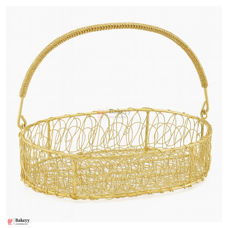 26cm | Oval Shape Round Decorative Gold Metal Hamper Basket For Gifting | 1pc