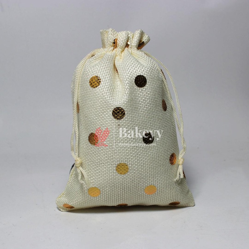 4x6 Inches Premium Colour Jute Gift Bag| Off-White With Gold Dots |Drawstring Bags |Gift Return Gifts Bags |Pack Of 10