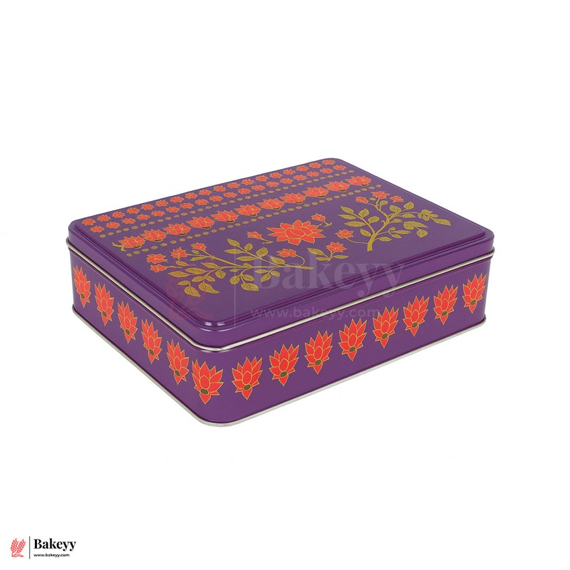 Premium Floral Printed Rectangle Tin Box | Purple With Floral Printed  7x6x2 inch | Gift Box for Chocolates, Dry Fruits, Sweets| Pack Of 2