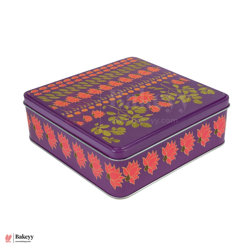 Premium Floral Printed Square Tin Box | Purple With Floral Printed  6x6x2 inch | Gift Box for Chocolates, Dry Fruits, Sweets| Pack Of 2