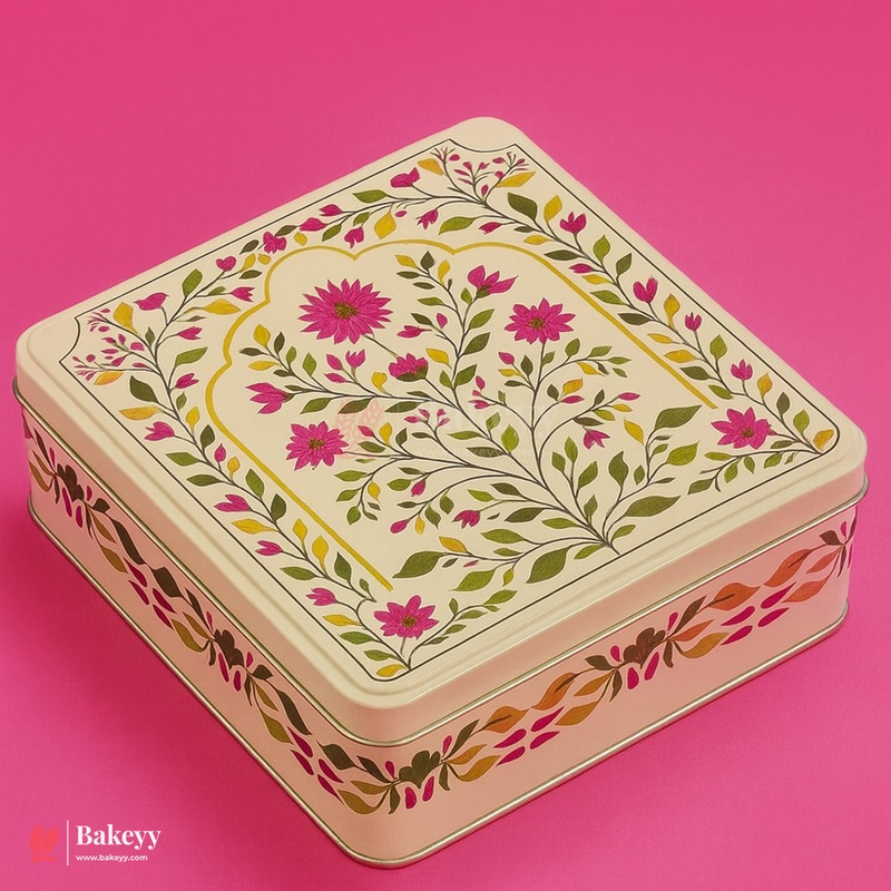 Square Premium Elegant Floral Square Tin Box  Pink & Gold Accents| Pack of 2