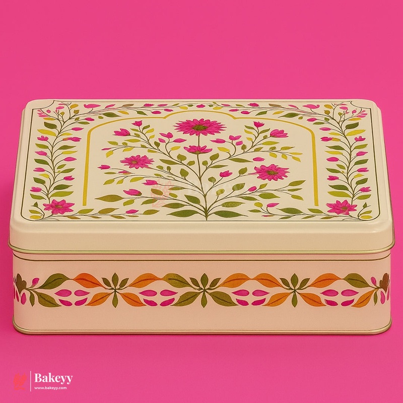 Rectangle Premium Elegant Floral Square Tin Box  Pink & Gold Accents| Pack of 2