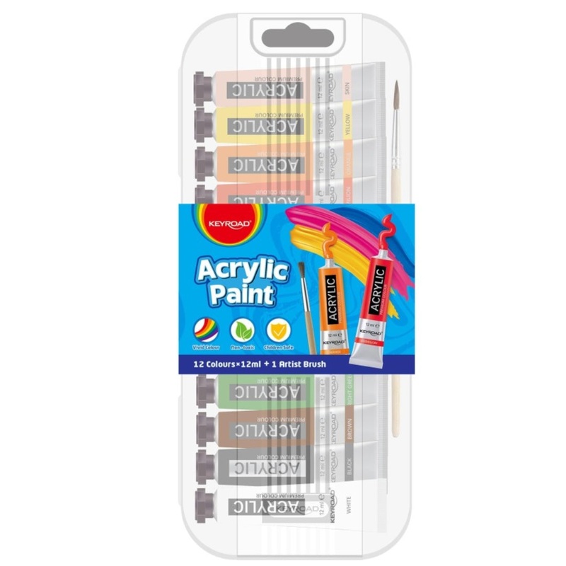 12 x 12ml Acrylic Paints + Free Brush