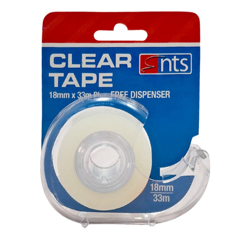 NTS 18mm x 33m Clear Tape with Dispenser  Strong Adhesive Office Tape