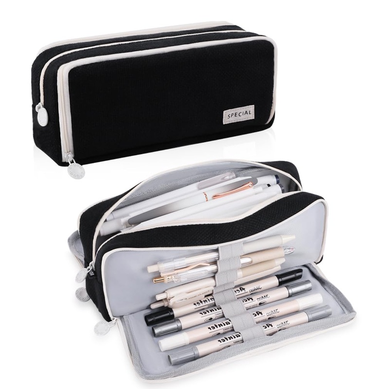 3-Zips Black Square Pencil Case