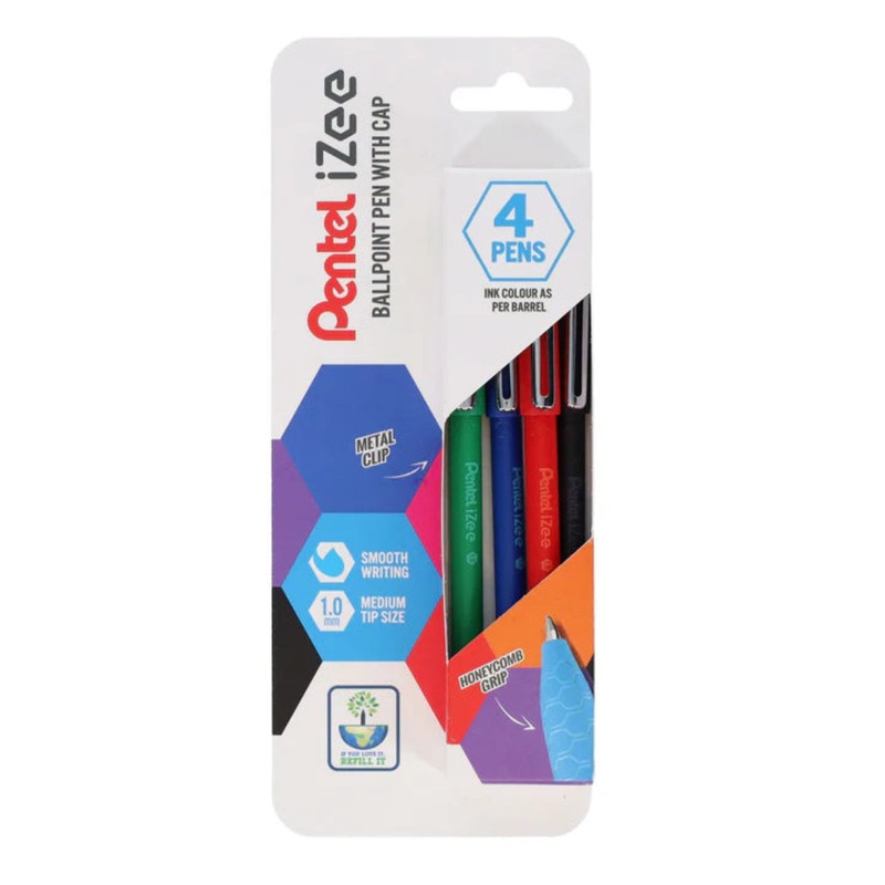 Pentel Izee Assorted Ballpoint Pens with Cap  4 Pack
