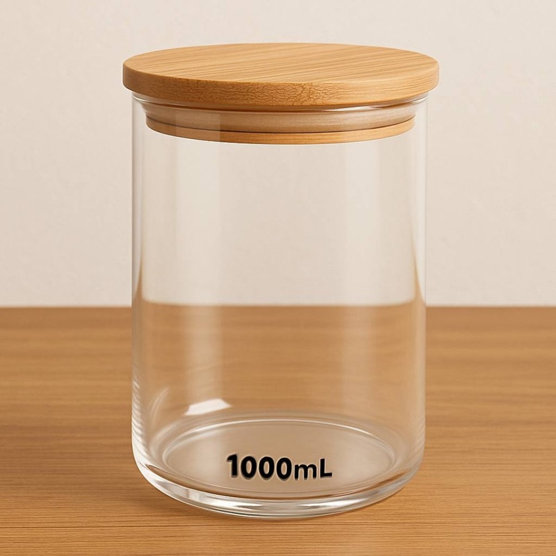 1000mL Round Glass Storage Jar with Bamboo Lid
