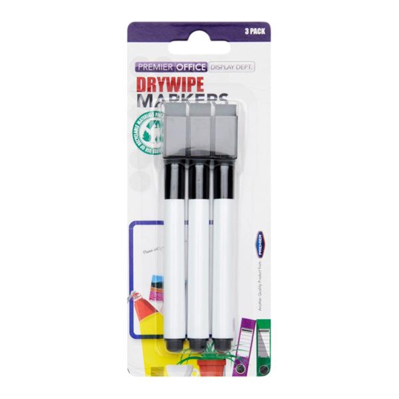 3 Drywipe Markers with Eraser Lid