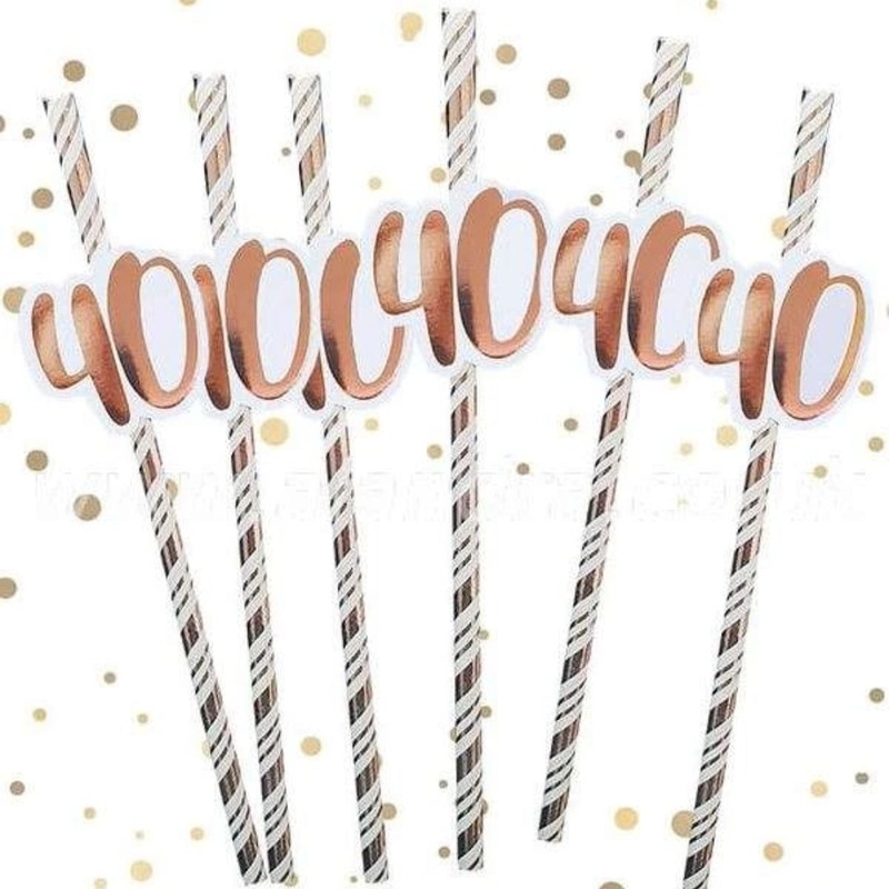 Pack of 6 Rose Gold 40th Birthday Straws
