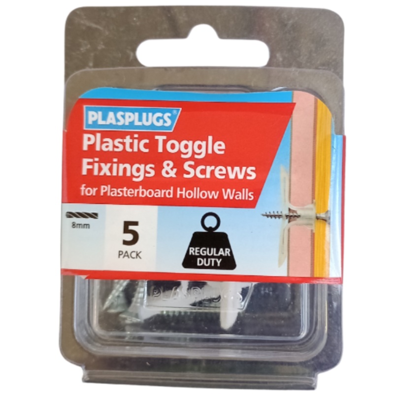 Plasplugs Plastic Toggle and Screws for Plasterboard  Pack of 5