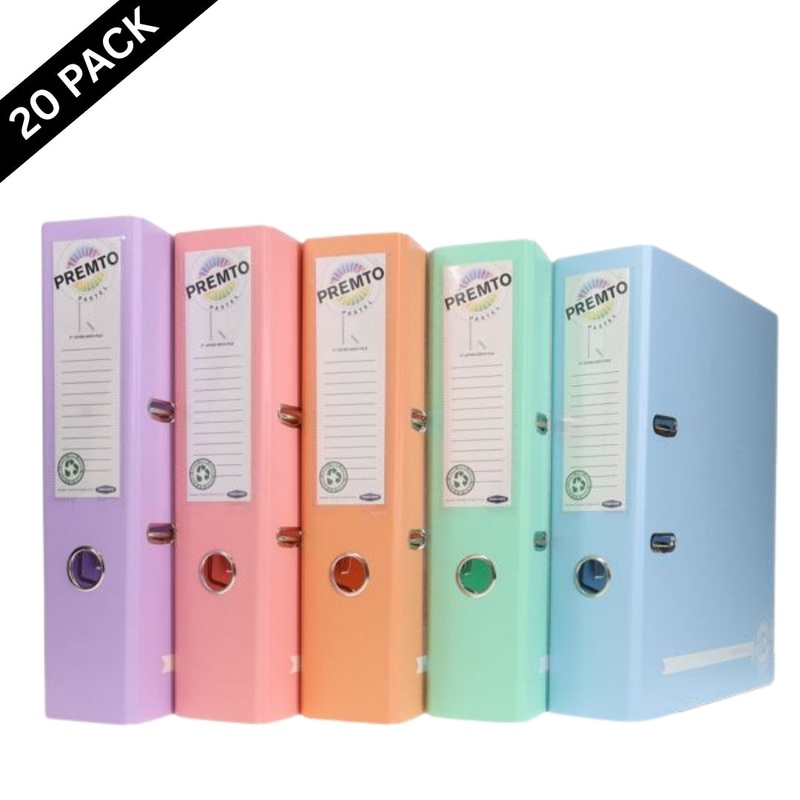 Premto Pastel A4 Lever Arch Files  4 Assorted Soft Pastel Colours ( Box of 20 )