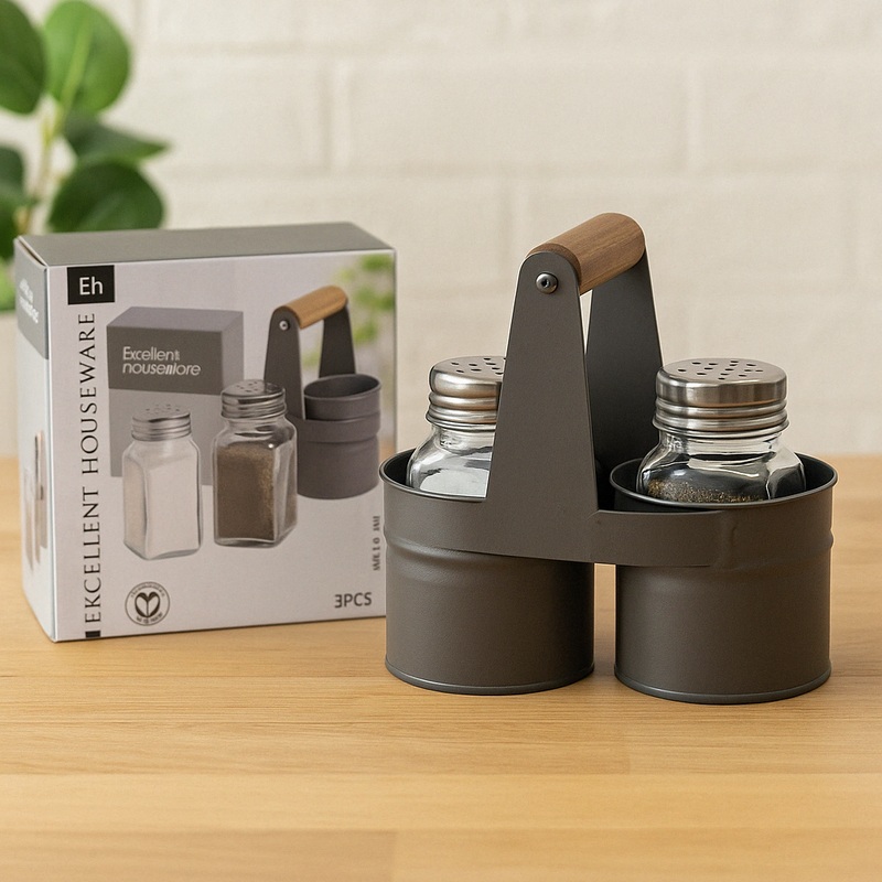 Salt & Pepper Shaker Set with Rustic Metal Caddy